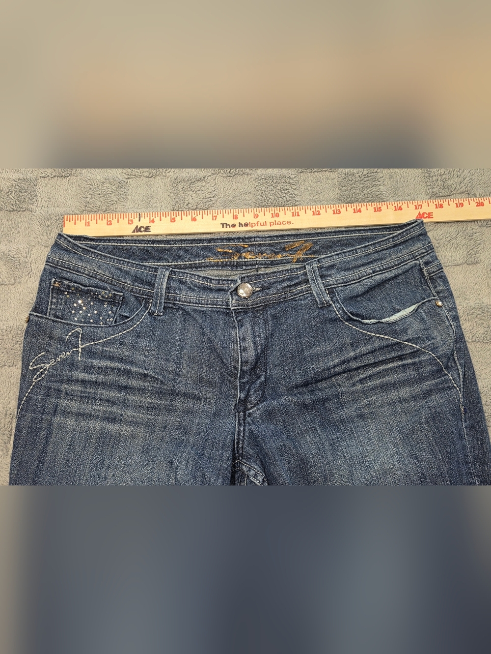 Seven7 Women's Blue Jeans Rhinestone Size 12 Boot Cut Medium Wash - Picture 3 of 14